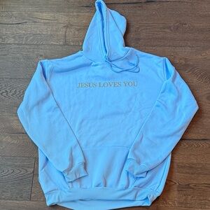 Light Blue oversized Hoodie with 'Jesus Loves You' Print